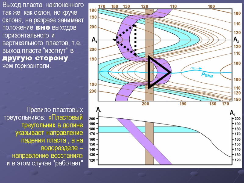 Выход пласта, наклоненного так же, как склон, но круче склона, на разрезе занимает положение